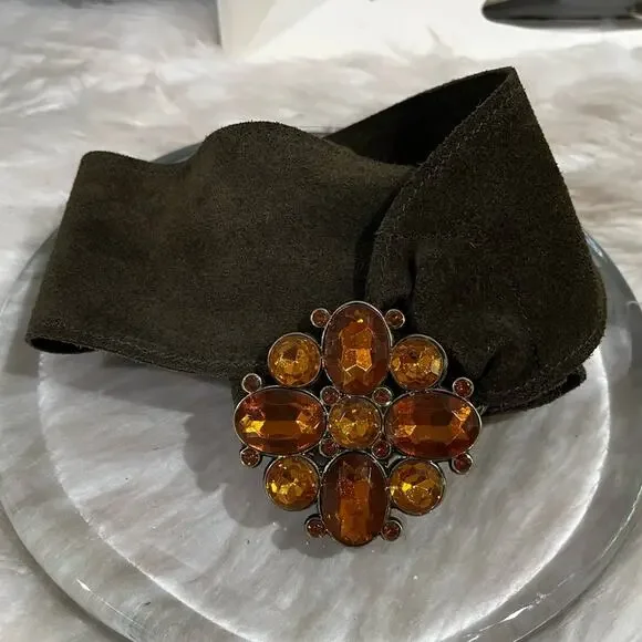 NEW Lake Shore Drive Suede Boho Crystal Flower Vintage Buckle Wide Waist Belt L